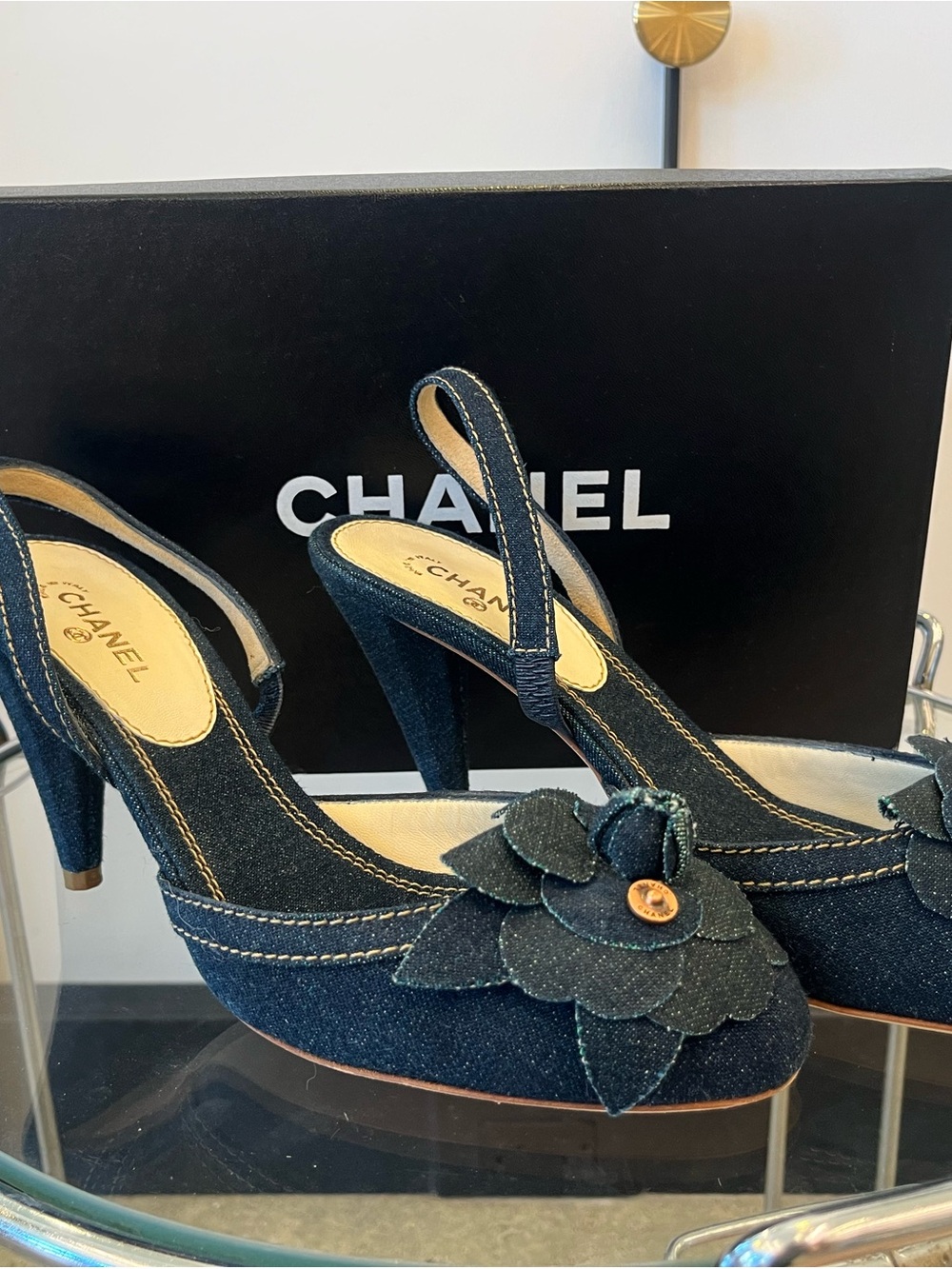 CHANEL Dark Blue Denim Slingback Heels with Camellia Detail
